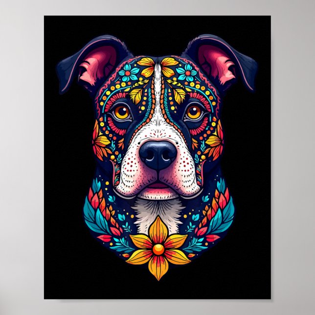 Poster Mexican Sugar Skull Pitbull Dog Dia De Muertos Hal (Devant)