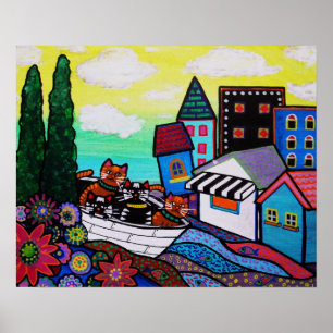 POSTER MEXICAN TOWN CAT BOAT PAINTING