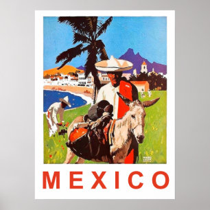 Poster Mexique, Mexicain avec âne sur la côte
