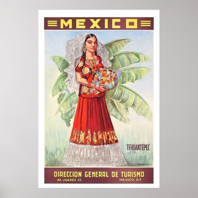 Poster Mexique, Mexicaine avec panier de fruits tropicaux (Devant)
