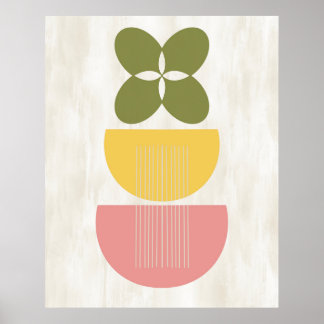 Poster Mi-siècle Moderne Abstraite Botanique Jaune Rose