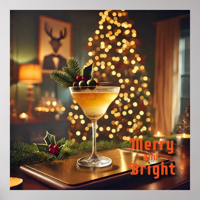 Poster Mi-Siècle Noël Joyeux & Cocktail lumineux (Devant)