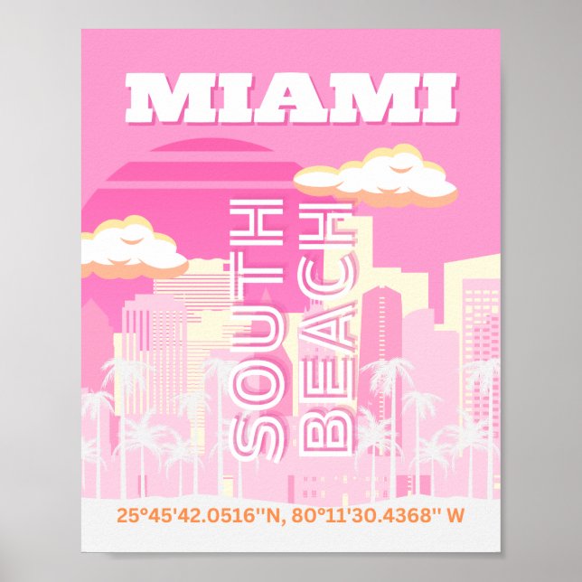 Poster Miami Beach, Miami Travel Art, Preppy, rose (Devant)
