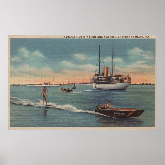 Poster Miami, FL - Ski nautique, Bateau en bois (Devant)