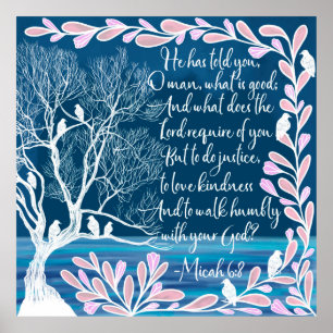 Poster Micah 6:8 Teal Blue White Tree Birds Bible Verse