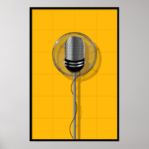 Poster Microphone Rétro sur Fond Jaune Gras