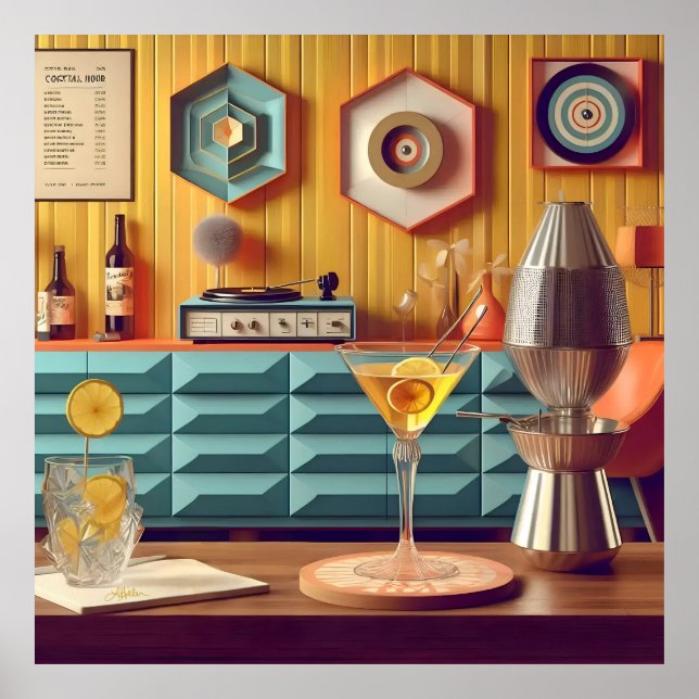 Poster Mid Century Atomic Retro Futuristic Party Room (Devant)