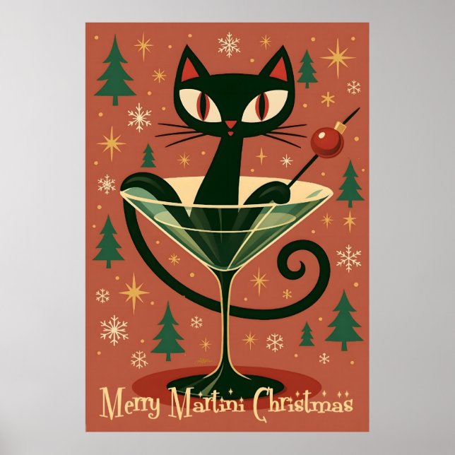 Poster Mid Century Black Cat Merry Martini Christmas (Devant)