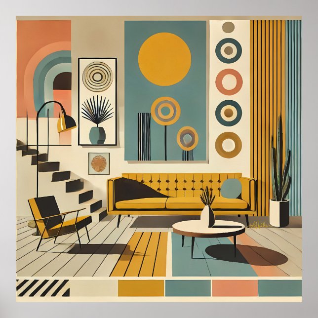 Poster Mid Century Interior Design Dessert Livingroom (Devant)