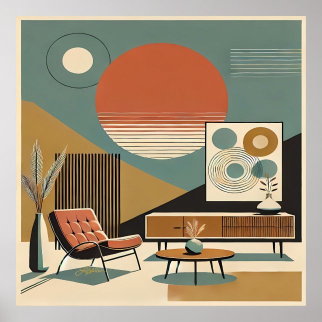 Poster Mid Century Interior Design Sunrise Livingroom (Devant)
