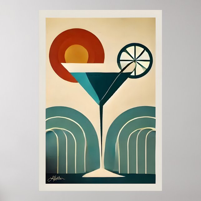 Poster Mid Century Modern Art Mountain Sunrise Martini (Devant)