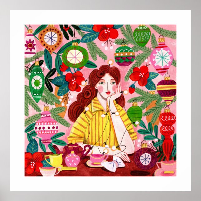 Poster Mid Century Retro Femme Noël Vacances (Devant)