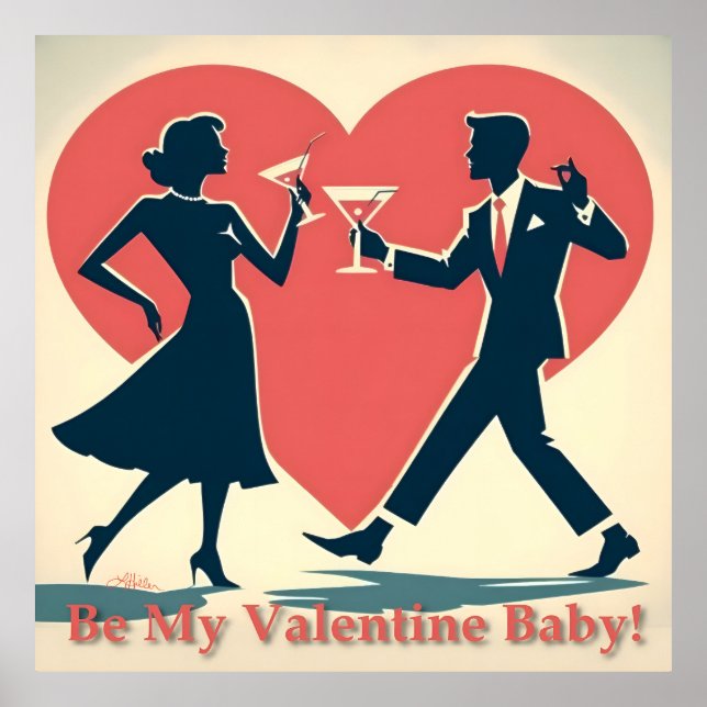 Poster Mid Century Valentine Hip Martini Dancing Couple (Devant)