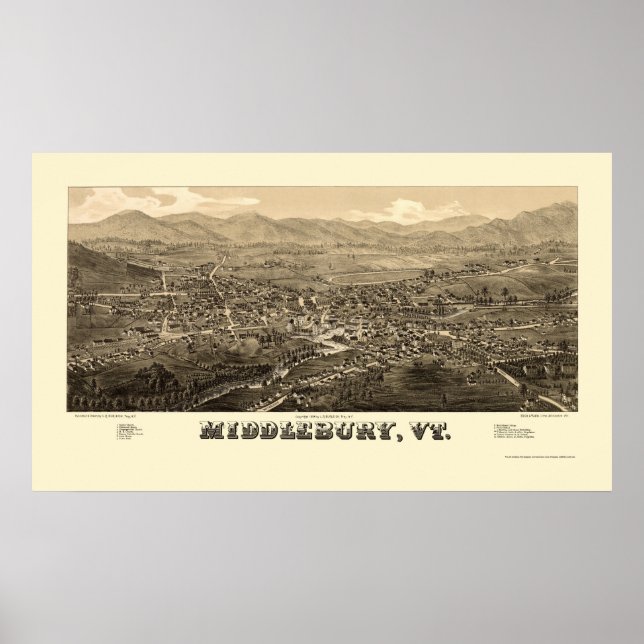 Poster Middlebury, VT Carte panoramique - 1886 (Devant)