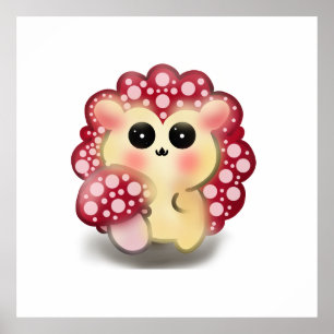 Poster Mignon Art de Hérisson Champignon Rouge Kawaii