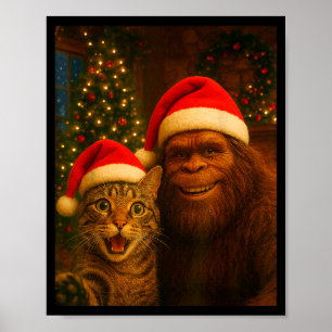 Poster Mignon Chat Selfie Avec Bigfoot Noël Sasquatch