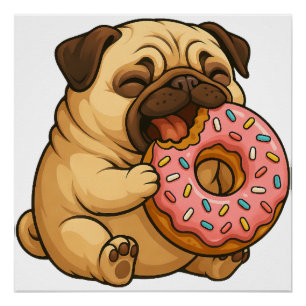 Poster Mignon donut pug cartoon drôle qui mâche