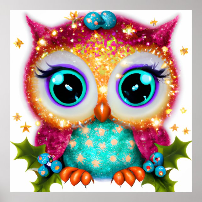 Poster Mignon et adorable petit hibou kawaii (Devant)