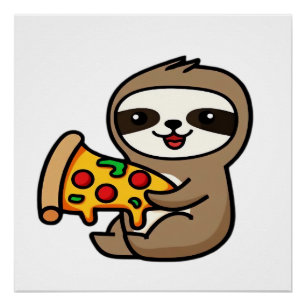 Poster Mignon Kawaii Chibi Paresseux avec Pizza � Dessin