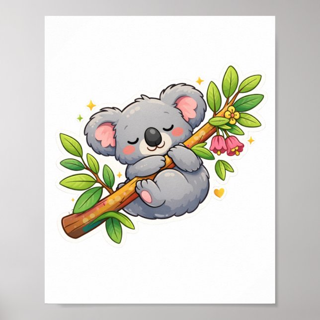 Poster Mignon koala endormi sur une branche d'eucalyptus  (Devant)