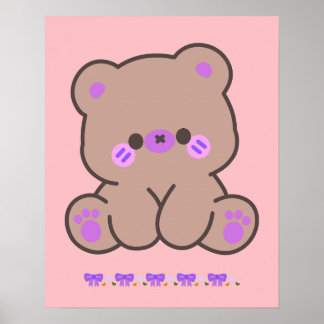 Poster Mignon Ours Kawaii avec des Rubans Violets - Affic