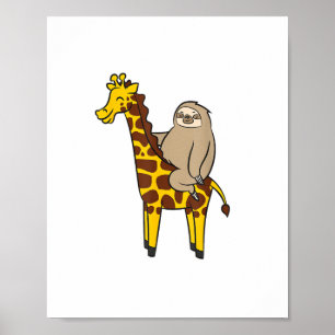 Poster Mignon paresseux chevauchant une girafe Amour gira