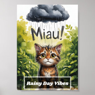 Poster Mignon petit chat triste et mouillé dans une flaqu