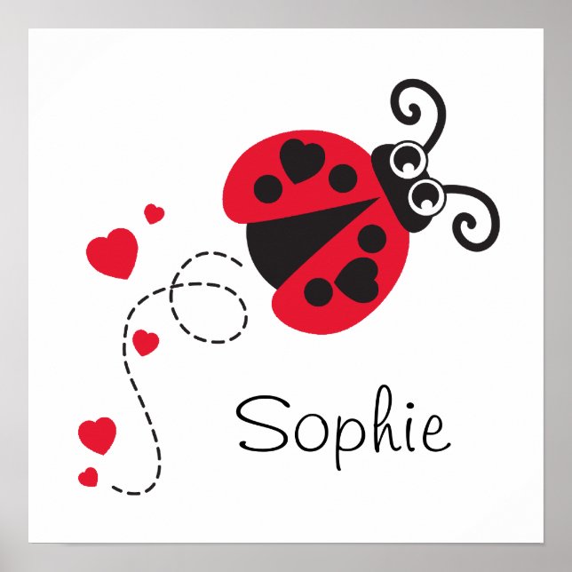Poster Mignon rouge volant coccinelle nom des enfants (Devant)