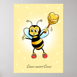 Poster Mignonne abeille bourdon heureuse et nid d'abeille