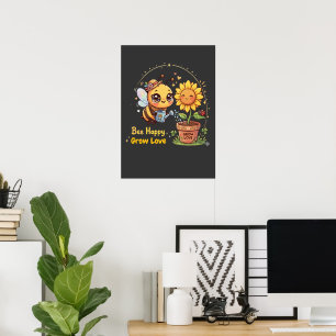 Poster Mignonne abeille Kawaii arrosant un tournesol Abei