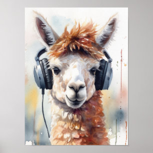Poster Mignonne alpaga blanc avec casque
