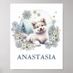 Poster Mignonne bois bébé animal loup chien thème d'hiver