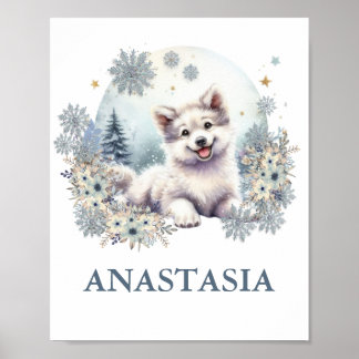 Poster Mignonne bois bébé animal loup chien thème d'hiver