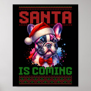 Poster Mignonne Chien de taureau Français Santa Hat Vacan