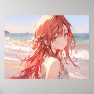 Poster Mignonne fille anime aux cheveux roux sur la plage