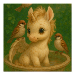 Poster Mignonne, Gros yeux, bébé unisus, pegasus unicorne
