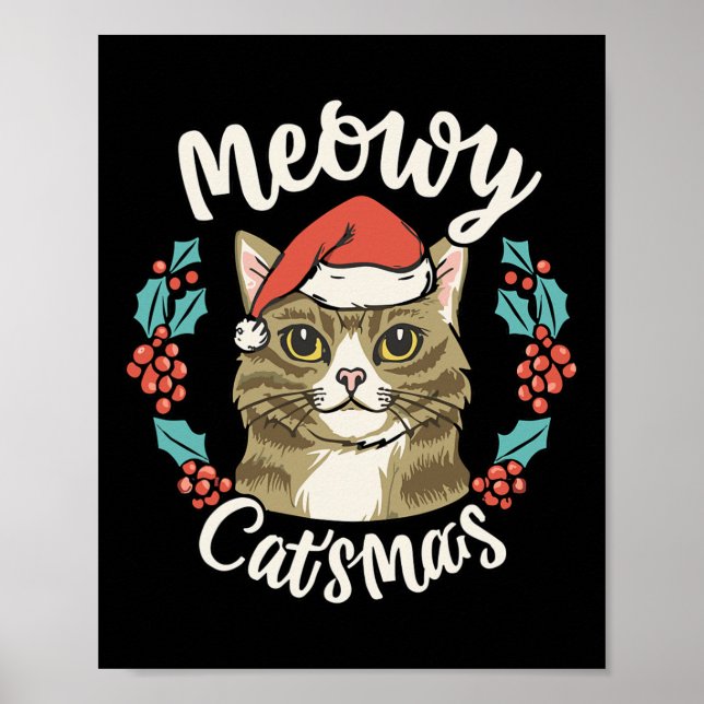 Poster Mignonne Kitten Noël Chapeau de Noël Meowy Catmas  (Devant)
