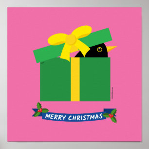 Poster Mignonne Oiseau-Noir En Sortant D'Une Boîte Cadeau