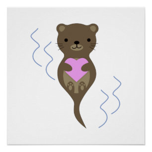 Poster Mignonne Otter embrasse un coeur rose