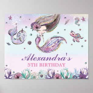 Poster Mignonne sirène Anniversaire sous la piscine de la