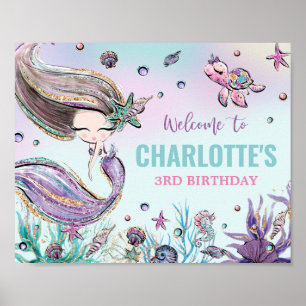 Poster Mignonne sirène Anniversaire sous la piscine de la