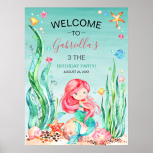 Poster Mignonne sirène d'aquarelle sous la mer Anniversai
