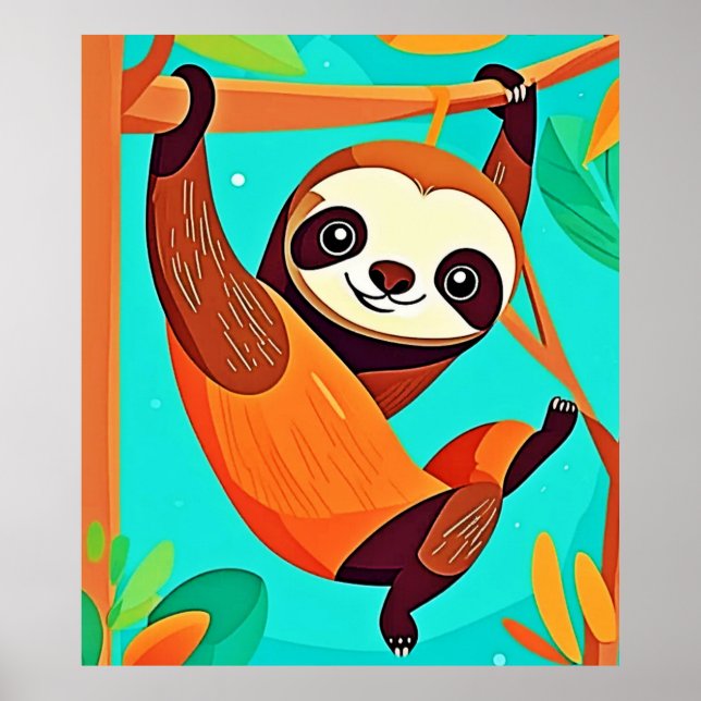 Poster Mignonne Sloth pendue dans la jungle (Devant)
