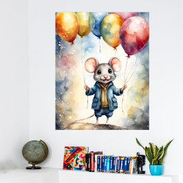 Poster Mignonne souris avec ballons colorés,