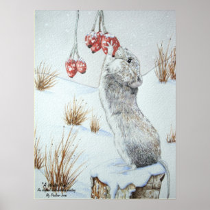 Poster Mignonne souris et baies rouges scène de neige