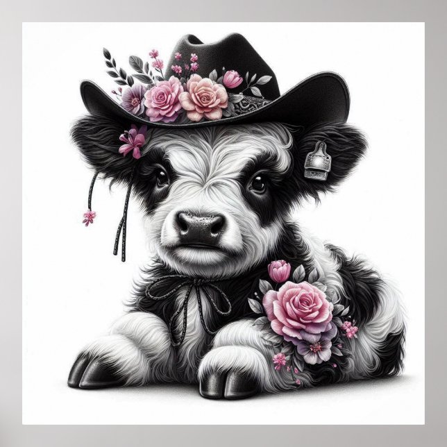 Poster Mignonne Veau Portant Casquette orné de fleurs (Devant)