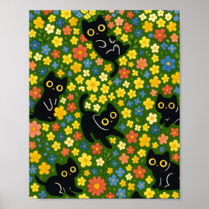 Poster Mignons Chats Noirs Motif Floral de Prairie