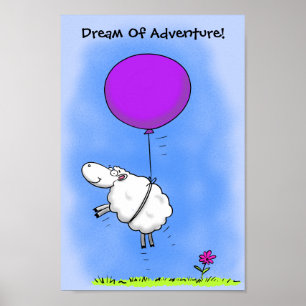 Poster Mignons moutons volant avec un ballon rose dessin 