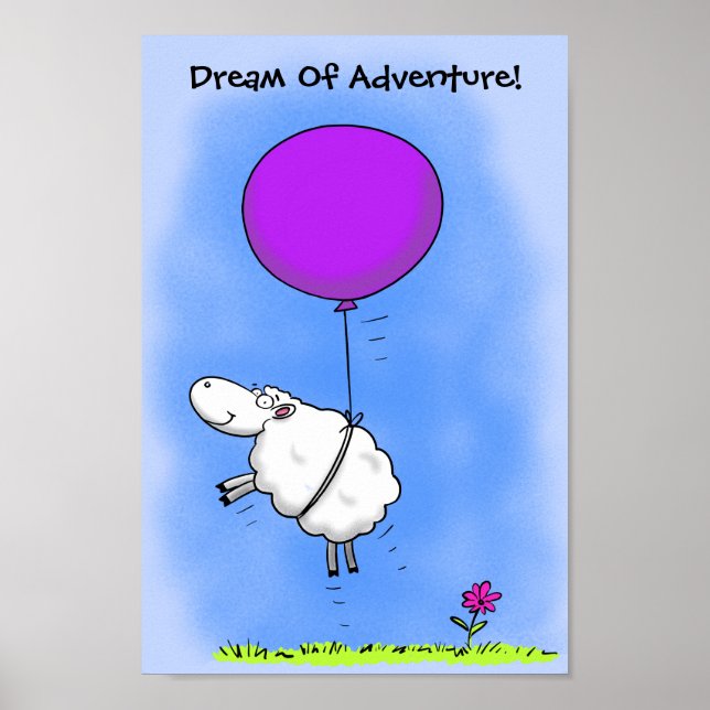 Poster Mignons moutons volant avec un ballon rose dessin  (Devant)