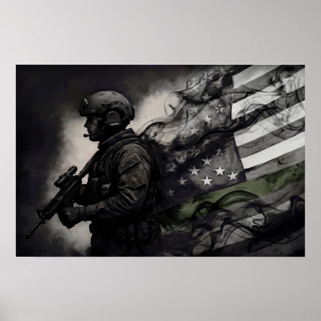 Poster Military Green Line Tribute Smoke American Flag (Devant)